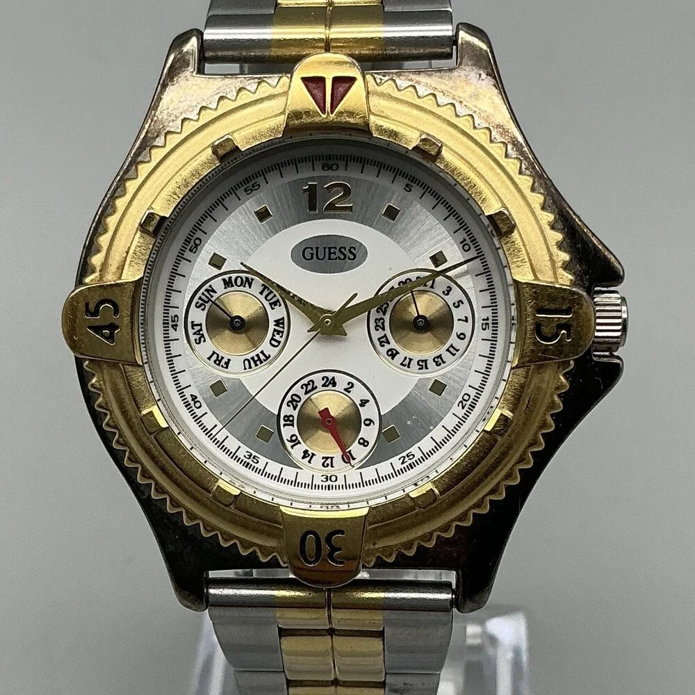 Vintage Guess Mens Watch 37mm Two Tone Bracelet Day Date New Battery 6.75